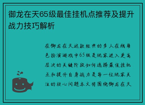 御龙在天65级最佳挂机点推荐及提升战力技巧解析
